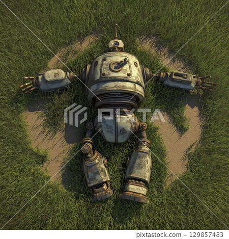 Old metal robot resting peacefully vibrant green grass viewed from top an pose. Vintage artificial intelligence machine offers quiet scene solitude stillness. Computer graphics illustration render 129857483