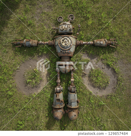 Abandoned old rusty robot lies on green grass in relaxed pose seen from top view conveying sense of solitude and melancholic reflection in nature 129857484