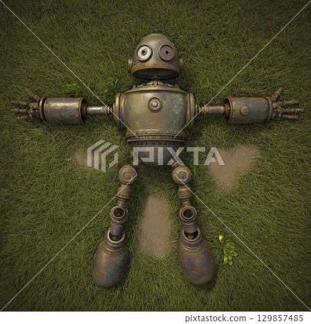 Rusty old robot lies on green grass, top view perspective. vintage mechanical figure appears sad and surprised, perhaps having malfunctioned or fallen on ground. Metallic machine looks dejected 129857485