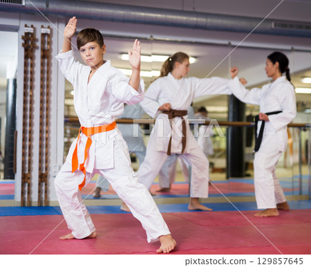 Serious boy practicing taekwondo movements in gym Serious boy practicing taekwondo movements in gym 129857645