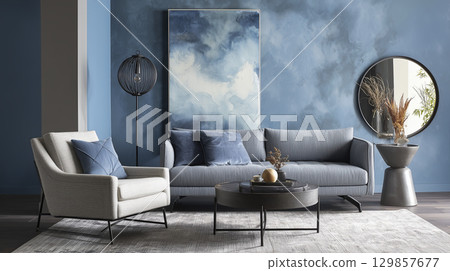 Modern living room with light gray sofa, armchair with cushion, round coffee table, and decorative items including large painting, round mirror, and floor lamp, all set against blue wall with 129857677