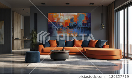 Modern living room interior featuring orange sectional sofa large abstract painting wall art and stylish furniture decor creating warm comfortable apartment space Modern living room interior featuring orange sectional sofa large abstract painting wall art and stylish furniture decor creating warm comfortable apartment space 129857719