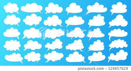 Big set of empty white speech bubbles in cloud shapes and cartoon style. Vector speech bubbles for comic book dialogues, chats, messages, thoughts or pop art design. 129857829