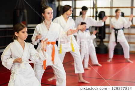 group of children engaged in karate 129857854