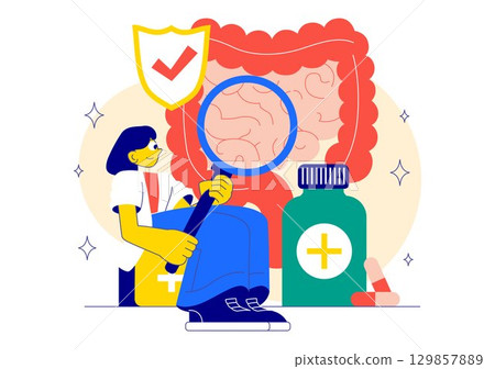 Healthy Gut Illustration featuring Human Digestive System Anatomy with Gut Microflora, Inflamed Intestinal Cells, Bacteria, and Probiotics Background Healthy Gut Illustration featuring Human Digestive System Anatomy with Gut Microflora, Inflamed Intestinal Cells, Bacteria, and Probiotics Background 129857889