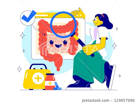 Healthy Gut Illustration featuring Human Digestive System Anatomy with Gut Microflora, Inflamed Intestinal Cells, Bacteria, and Probiotics Background 129857890
