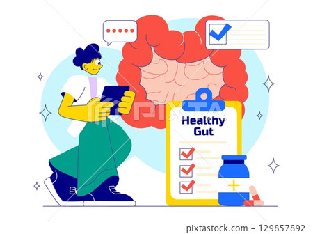 Healthy Gut Illustration featuring Human Digestive System Anatomy with Gut Microflora, Inflamed Intestinal Cells, Bacteria, and Probiotics Background Healthy Gut Illustration featuring Human Digestive System Anatomy with Gut Microflora, Inflamed Intestinal Cells, Bacteria, and Probiotics Background 129857892