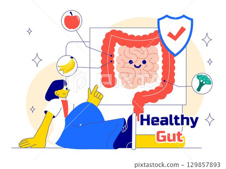 Healthy Gut Illustration featuring Human Digestive System Anatomy with Gut Microflora, Inflamed Intestinal Cells, Bacteria, and Probiotics Background Healthy Gut Illustration featuring Human Digestive System Anatomy with Gut Microflora, Inflamed Intestinal Cells, Bacteria, and Probiotics Background 129857893