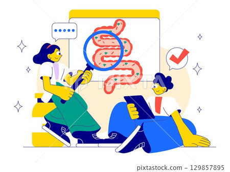 Healthy Gut Illustration featuring Human Digestive System Anatomy with Gut Microflora, Inflamed Intestinal Cells, Bacteria, and Probiotics Background Healthy Gut Illustration featuring Human Digestive System Anatomy with Gut Microflora, Inflamed Intestinal Cells, Bacteria, and Probiotics Background 129857895