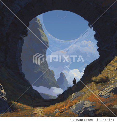 Person standing rocky valley viewed from inside large circular cave opening, with towering cliffs, lush greenery, and bright blue sky with clouds and visible planet or moon background 129858174