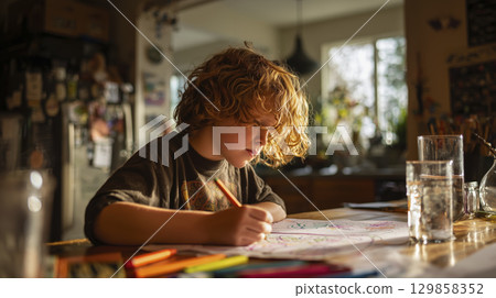 Child drawing at kitchen table with crayons, engrossed in art, creativity fills air, reflecting pure joy and playful imagination 129858352