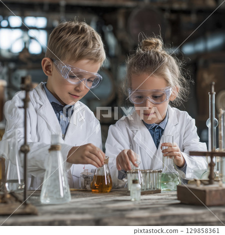 Children doing science experiment looking focused, completely absorbed in lab. Little scientist enjoying laboratory activity Children doing science experiment looking focused, completely absorbed in lab. Little scientist enjoying laboratory activity 129858361