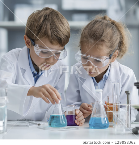 Children in lab coats are focused on their science experiment with glassware, showing curiosity and desire to learn Children in lab coats are focused on their science experiment with glassware, showing curiosity and desire to learn 129858362