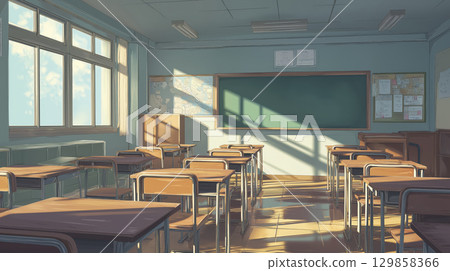 Empty classroom bathed in sunlight evokes sense of quiet anticipation and promise of future learning 129858366