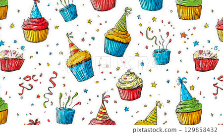 Colorful pattern with birthday cupcakes and party caps, seamless holiday wallpaper 129858432