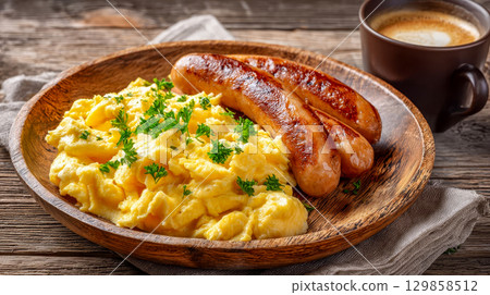A delicious breakfast of scrambled eggs and fried sausages garnished with parsley, a rustic morning dish with coffee 129858512