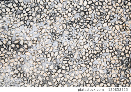 background with rough sidewalk texture with natural pebbles. Surface of decorative pavement background with rough sidewalk texture with natural pebbles. Surface of decorative pavement 129858523