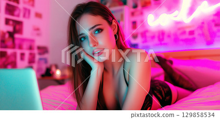 beautiful sexy young girl webcam model in sexual lingerie erotic chats and streaming adult web podcast on online videos on a laptop sitting on bed in the bedroom 129858534
