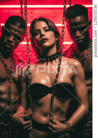 Sexy mistress woman with two submissive men in chains. BDSM sex with submission and domination 129858536