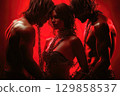 Sexy woman with two submissive men in chains. BDSM sex, kinky party and passion 129858537
