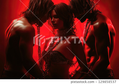 Sexy woman with two submissive men in chains. BDSM sex, kinky party and passion 129858537