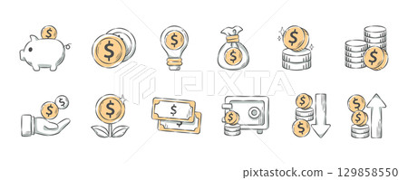 Financial and business . Hand drawn icon cartoon illustration collection . Set 1 of 3 . Vector . 129858550