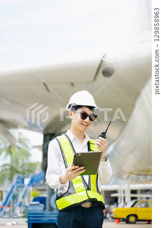 Male aviation engineer in safety gear inspecting an airplane engine, embodying professionalism 129858963
