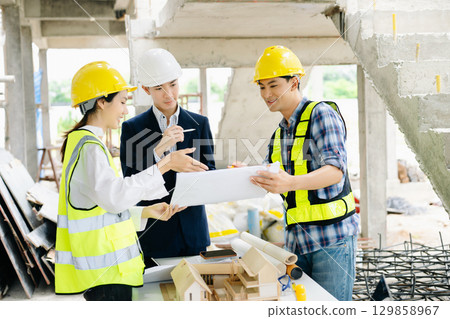 Engineer teams meeting working together wear worker helmets hardhat on construction site 129858967