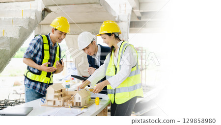 Engineer teams meeting working together wear worker helmets hardhat on construction site 129858980