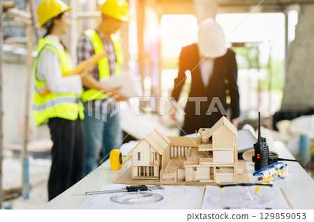 Engineer desk with object paper and tablet with blurry engineer teamwork hardworking to consults about their building 129859053
