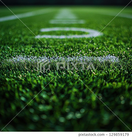 American Football Field with Green Turf, and Yard Lines. 129859179