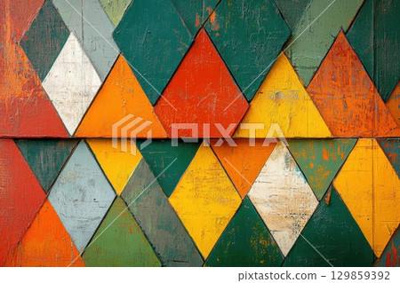 Colorful Geometric Wooden Wall Texture. 129859392