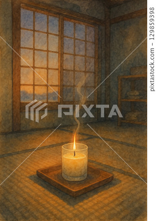 水彩畫｜日式燭光夕陽 129859398