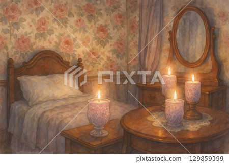 水彩畫 | 復古臥室壁紙和燭光 129859399