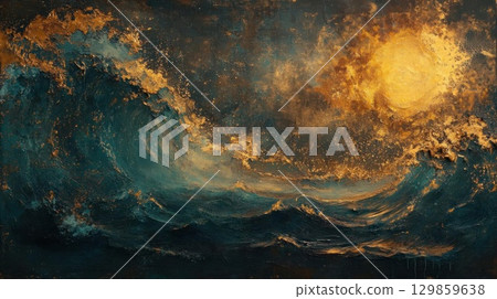 Dramatic Ocean Waves Sunset Painting Art. Dramatic Ocean Waves Sunset Painting Art. 129859638