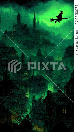 Witch flying on a broomstick over a haunted village with a glowing green sky and gothic rooftops at night, dark fantasy Halloween scene with moody atmosphere. Witch flying on a broomstick over a haunted village with a glowing green sky and gothic rooftops at night, dark fantasy Halloween scene with moody atmosphere. 129860071