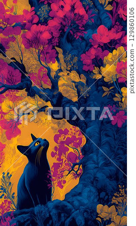 Whimsical fantasy illustration of black cat gazing upward in enchanted forest filled with vibrant pink and golden yellow trees on dark blue background, vertical art. Whimsical fantasy illustration of black cat gazing upward in enchanted forest filled with vibrant pink and golden yellow trees on dark blue background, vertical art. 129860106