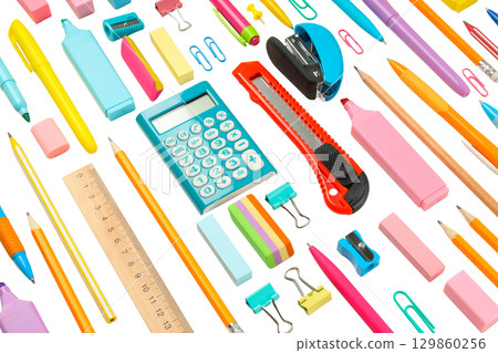Stationery items for back to school, isolated on white, PNG 129860256