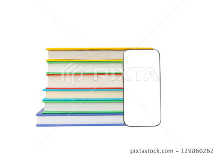 Stacked textbooks with a phone cutout, isolated on white, PNG Stacked textbooks with a phone cutout, isolated on white, PNG 129860262