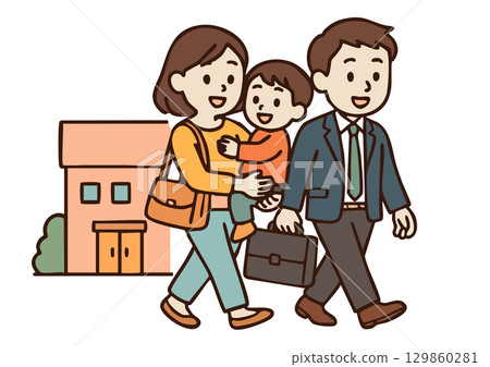 一家人一起上學或上班的插圖 129860281