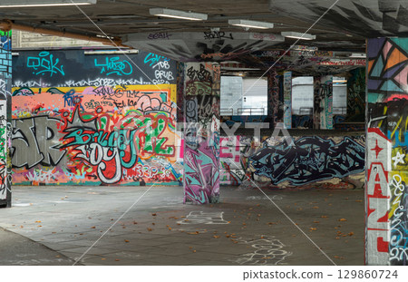 the iconic Southbank Undercroft Skatepark, located beneath the Queen Elizabeth Hall at the Southbank Centre in London. 129860724