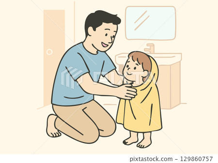 Daddy and child interacting after bath Daddy and child interacting after bath 129860757