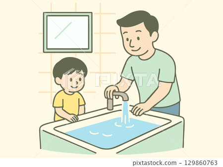 父親和兒子打掃浴室 129860763