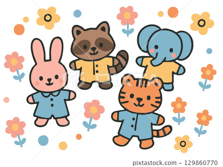 Rabbit, raccoon, elephant, and tiger animals surrounded by flowers 129860770