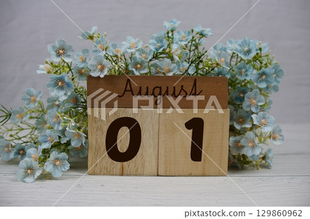 Wooden Calendar Showing the Date of August 1st. Day 1 of August month Wooden Calendar Showing the Date of August 1st. Day 1 of August month 129860962