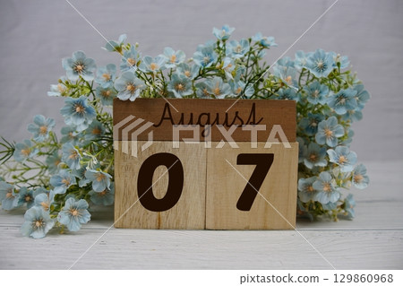 Wooden Calendar Showing the Date of August 7th. Day 7 of August month 129860968
