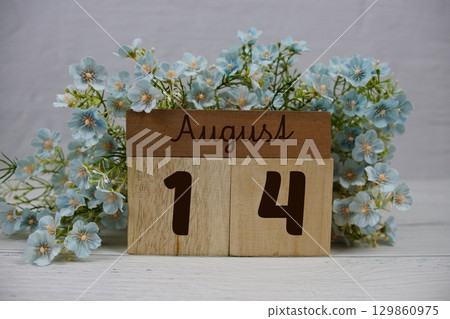 Wooden Calendar Showing the Date of August 14th. Day 14 of August month 129860975