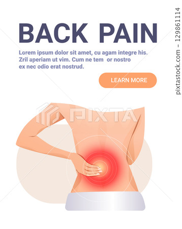 Back pain human body ache concept woman touching lower back with red pain target area medical banner white background 129861114