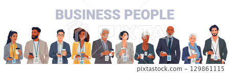 Business people diverse team standing together holding coffee and smartphones professional office attire conference badges white background banner Business people diverse team standing together holding coffee and smartphones professional office attire conference badges white background banner 129861115