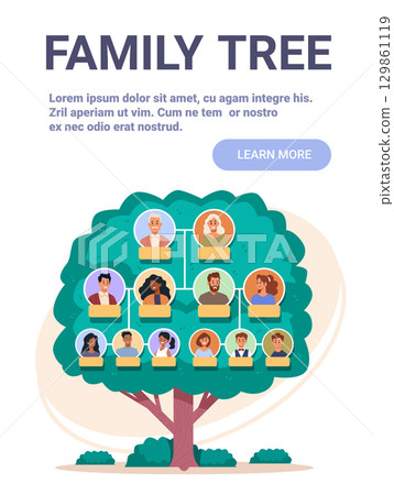 Family tree genealogy chart diverse people connected generations green tree background flat design template 129861119